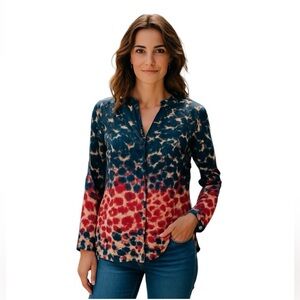 Hugo Boss Silk Blouse Size US 4 Blue Red Abstract Print Tunic Top